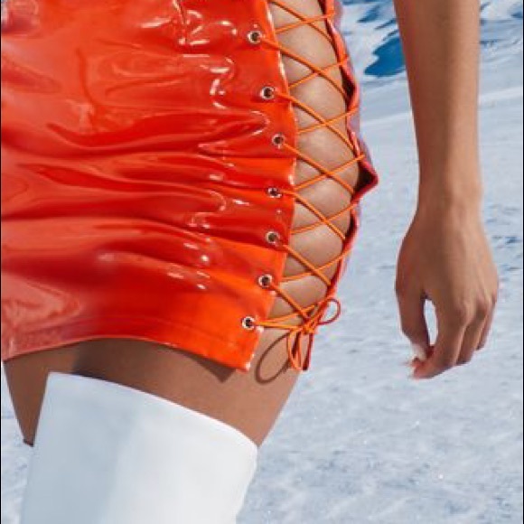 PLT Neon Orange Vinyl Lace Up Side Mini Skirt - Picture 4 of 4